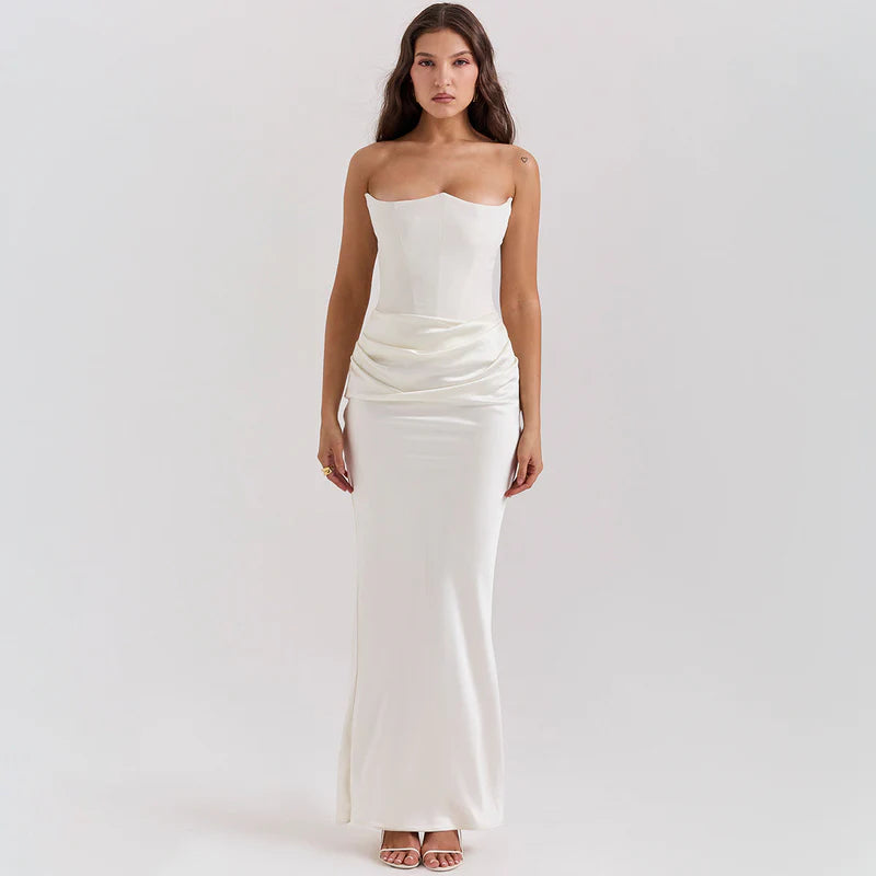 Susana - Vestido Largo de Fiesta para Mujer con Escote Palabra de Honor y Detalle Fruncido